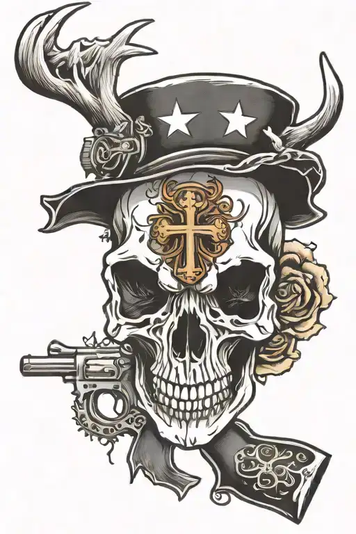 buck skull with a 12 gauge shot gun shell and a cross tattoo design idea