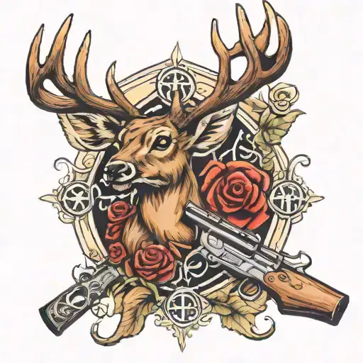 deer with a cross and shotgun shells tattoo design idea