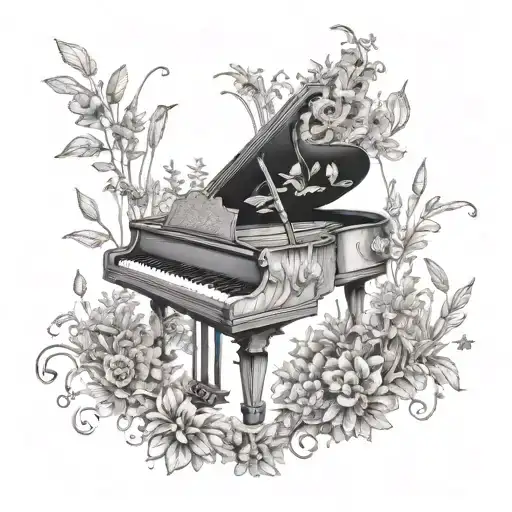 A surreal tattoo of a person riding a giant piano through a landscape of weed plants and funny creatures, symbolizing the joy of rediscovering oneself through music and laughter tattoo design idea