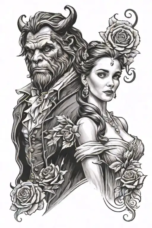 beauty and beast separate portraits tattoo design idea
