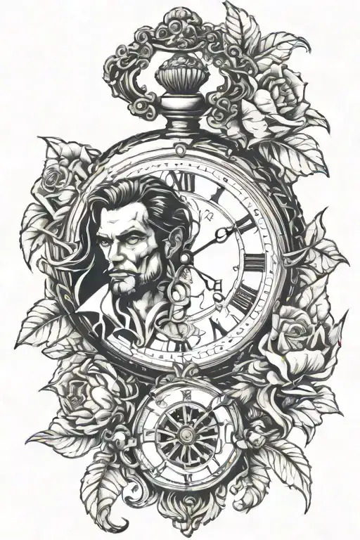 beauty and beast separated portraits between a dagger pocket watch, apple, pineapple, Superman, sunflower tattoo design idea