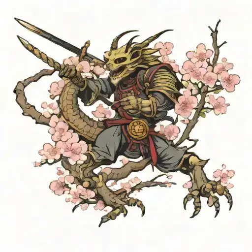 Samurai skelton dragon cherry blossom trees  tattoo design idea