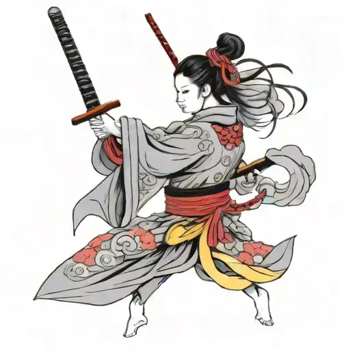 samurai, alone ,lady, black and grey , one extra pastel color with background  tattoo design idea