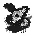 A bike chain morphing into musical notes, surrounded by mountain silhouettes tattoo design idea