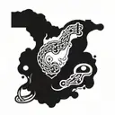 A bike chain morphing into musical notes, surrounded by mountain silhouettes tattoo design idea