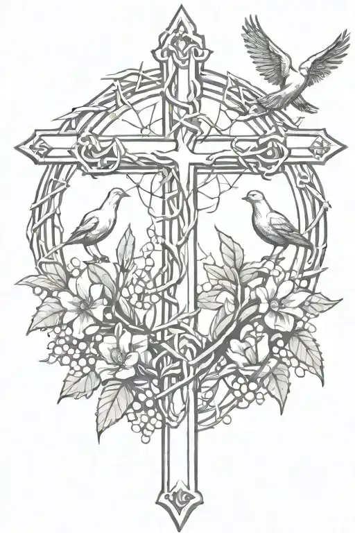 Cross, Doves, crown of thorns tattoo design idea
