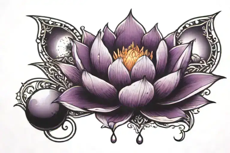 purple crystal lotus with a moon in the background  tattoo design idea