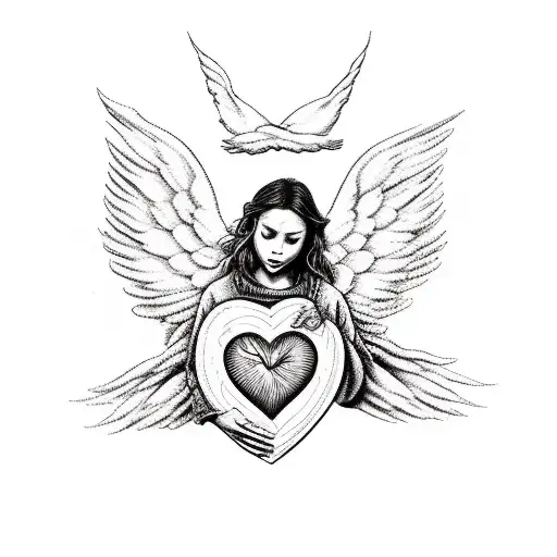 angels holding hands with a big heart that flying around a dead mother who is witty, a blood tear, happy cry, broke cloc tattoo design idea
