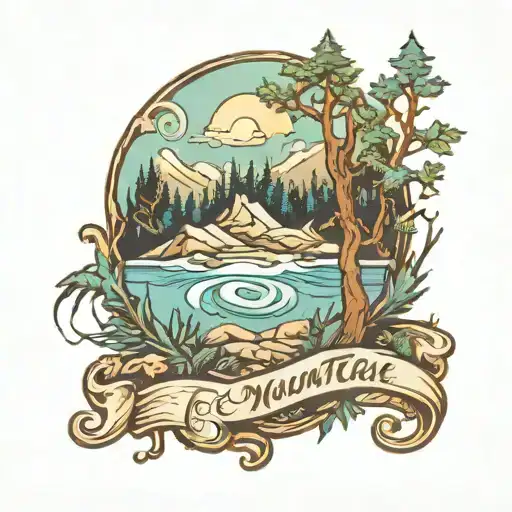 ice mountain beach forest scene with  text  tattoo design idea