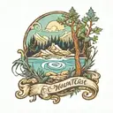 ice mountain beach forest scene with  text  tattoo design idea
