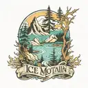 ice mountain beach forest scene with  text  tattoo design idea
