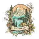 ice mountain beach forest scene with  text  tattoo design idea