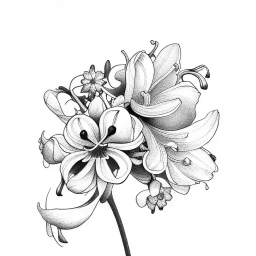 flower bouquet with lily of the valley, larkspur, chrysanthemum and narcissus tattoo design idea