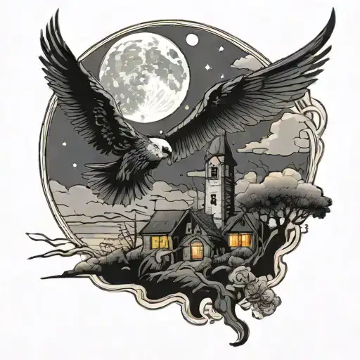 Upper Back:  The scene is set at night with a dark, clouded sky and a partially obscured moon providing an eerie glow. L tattoo design idea
