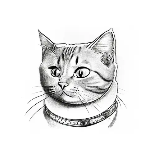 A simple line drawing of a cartoon cat with a collar that has a jellybean pattern on it tattoo design idea