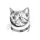 A simple line drawing of a cartoon cat with a collar that has a jellybean pattern on it tattoo design idea