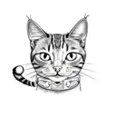 A simple line drawing of a cartoon cat with a collar that has a jellybean pattern on it tattoo design idea