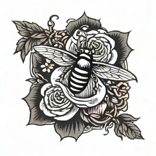 bell, rose interwinded, with bee and hummingbird surrounded tattoo design idea