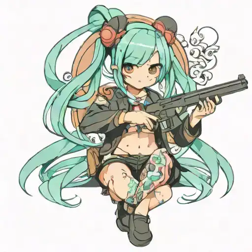 Hastune Miku with a gun and cigar tattoo design idea