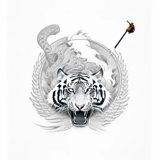 A samurai warrior riding a tiger with a phoenix flying overhead tattoo design idea