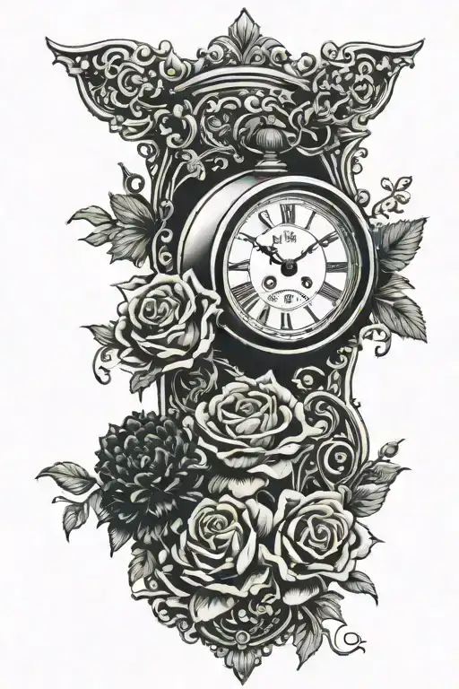  “Time and Death sleep side by side” quote  With an hour glass with black chrysanthemums or roses tattoo design idea