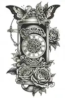  “Time and Death sleep side by side” quote  With an hour glass with black chrysanthemums or roses tattoo design idea