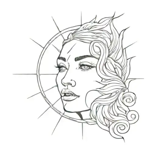 line drawing of a detailed sun, with women half face drawn and fading out tattoo design idea