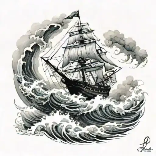black pearl ship sailing through stormy seas tattoo design idea
