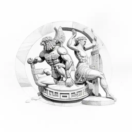 Atlas and athena statue, and greek manuscript, and abstract and greek architecture tattoo design idea