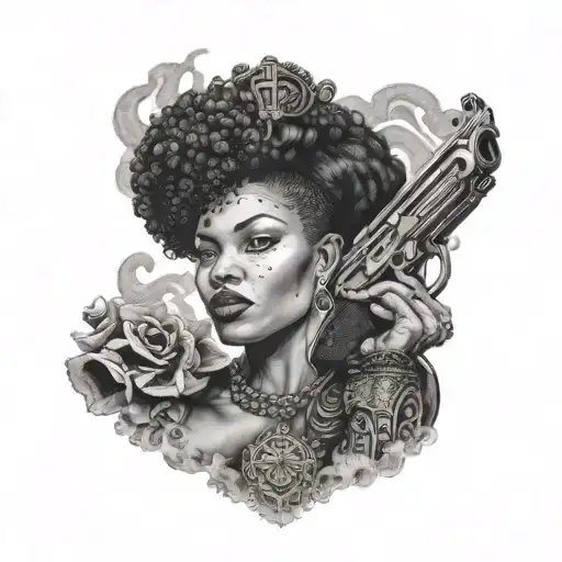 A dotwork portrait of a powerful black queen holding a gun with smoke swirling around her tattoo design idea