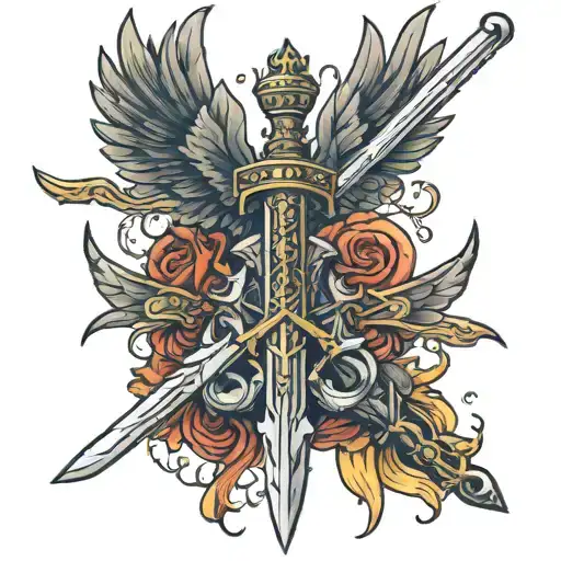 a sword that has some wings with a crown then that crown has some rays and on the sword write MCMLXXXII tattoo design idea