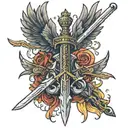 a sword that has some wings with a crown then that crown has some rays and on the sword write MCMLXXXII tattoo design idea