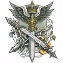 a sword that has some wings with a crown then that crown has some rays and on the sword write MCMLXXXII tattoo design idea