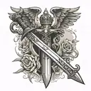 a sword that has some wings with a crown then that crown has some rays and on the sword write MCMLXXXII tattoo design idea