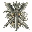 a sword that has some wings with a crown then that crown has some rays and on the sword write MCMLXXXII tattoo design idea