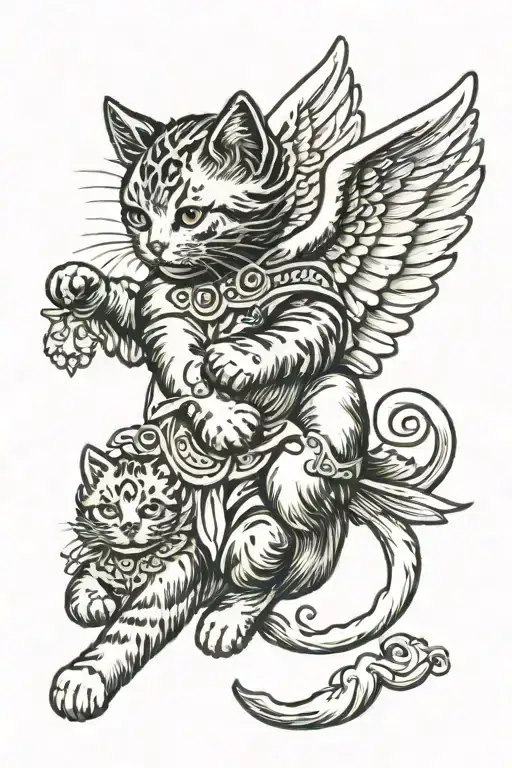 angel cat playing with a infant tattoo design idea