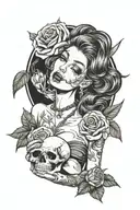sexy Woman pin up Gangster Girl angel holding a skull in right hand left hand roses tattoo design idea