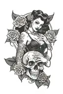 sexy Woman pin up Gangster Girl angel holding a skull in right hand left hand roses tattoo design idea