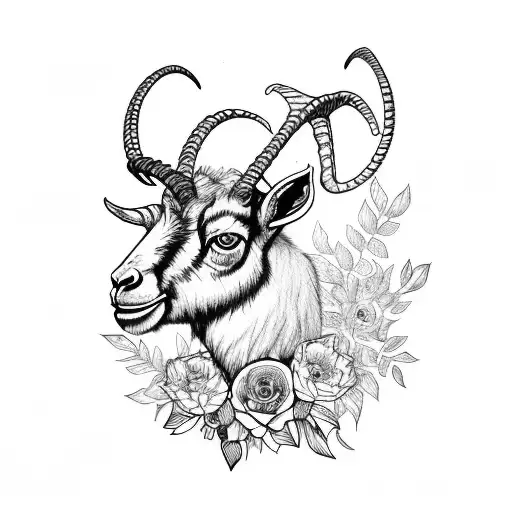 markhor goat head with long horns facing you with flowers around the neck tattoo design idea