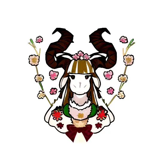 markhor goat head with long horns facing you with flowers around the neck tattoo design idea