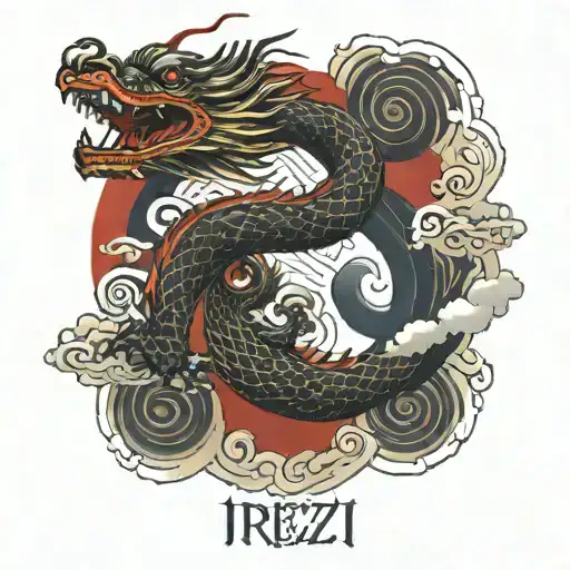 Japanese dragon, blood moon, darkness, emptiness, clouds, haze, Japanese patterns. tattoo design idea