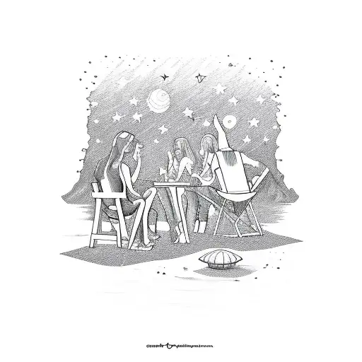 A sketch-style design of a group of friends stargazing on a beach in Miami tattoo design idea
