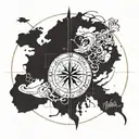 Create a tattoo design of a compass rose intertwined with a map of the world, symbolizing your love for travel. Incorporate the phrase 'Wanderlust' in elegant script font to capture the essence of exploration and adventure. tattoo design idea