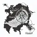 Create a tattoo design of a compass rose intertwined with a map of the world, symbolizing your love for travel. Incorporate the phrase 'Wanderlust' in elegant script font to capture the essence of exploration and adventure. tattoo design idea