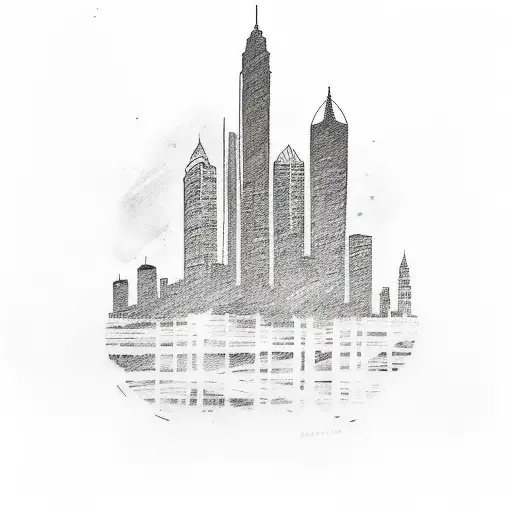 A sketch-style tattoo of the Atlanta skyline with a baseball bat and dollar bills intertwined tattoo design idea