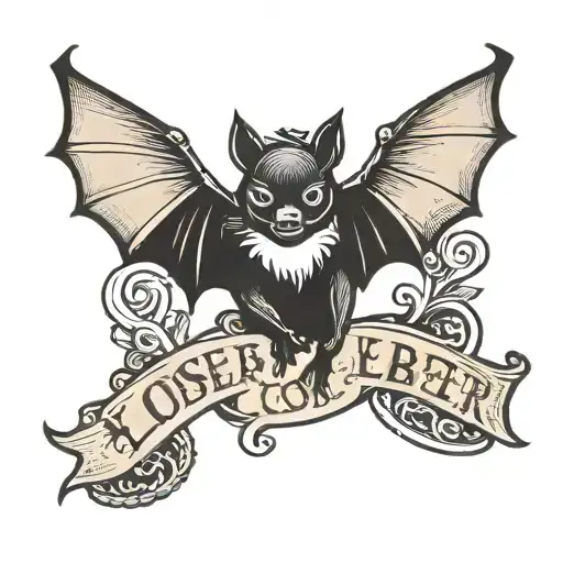little bat symbol on hand and text "loser" tattoo design idea