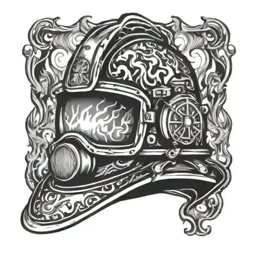 Firefighter helmet engulfed in flames tattoo design idea