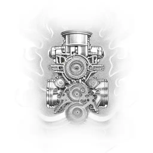 An intricate design of a Camaro engine with gears and pistons, with a banner that reads 'Marcus Lee' flowing through the middle tattoo design idea