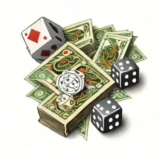dice, money rolled 100 dolars bills, with playing cards in the background tattoo design idea