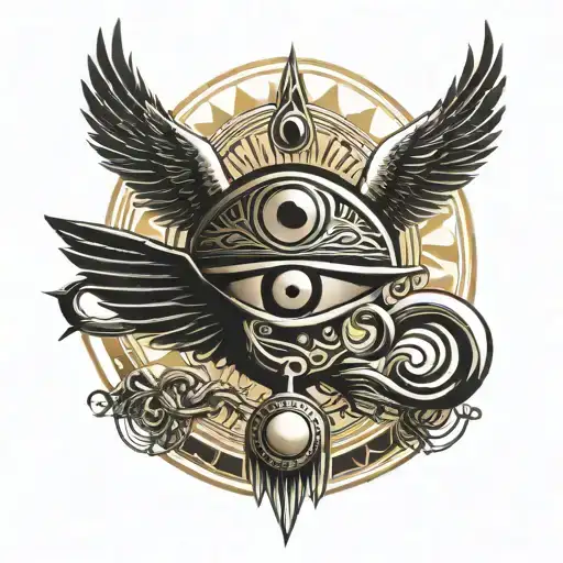 two eyes of horus with wings and my sons face in the middle of a sun  tattoo design idea